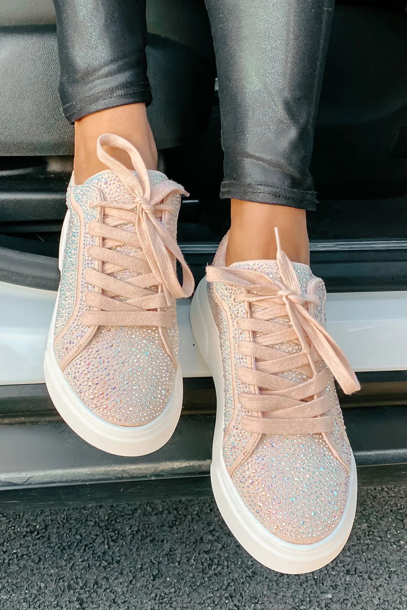 Moment In The Spotlight Madden Girl Lace-Up Rhinestone Sneakers (Blush)