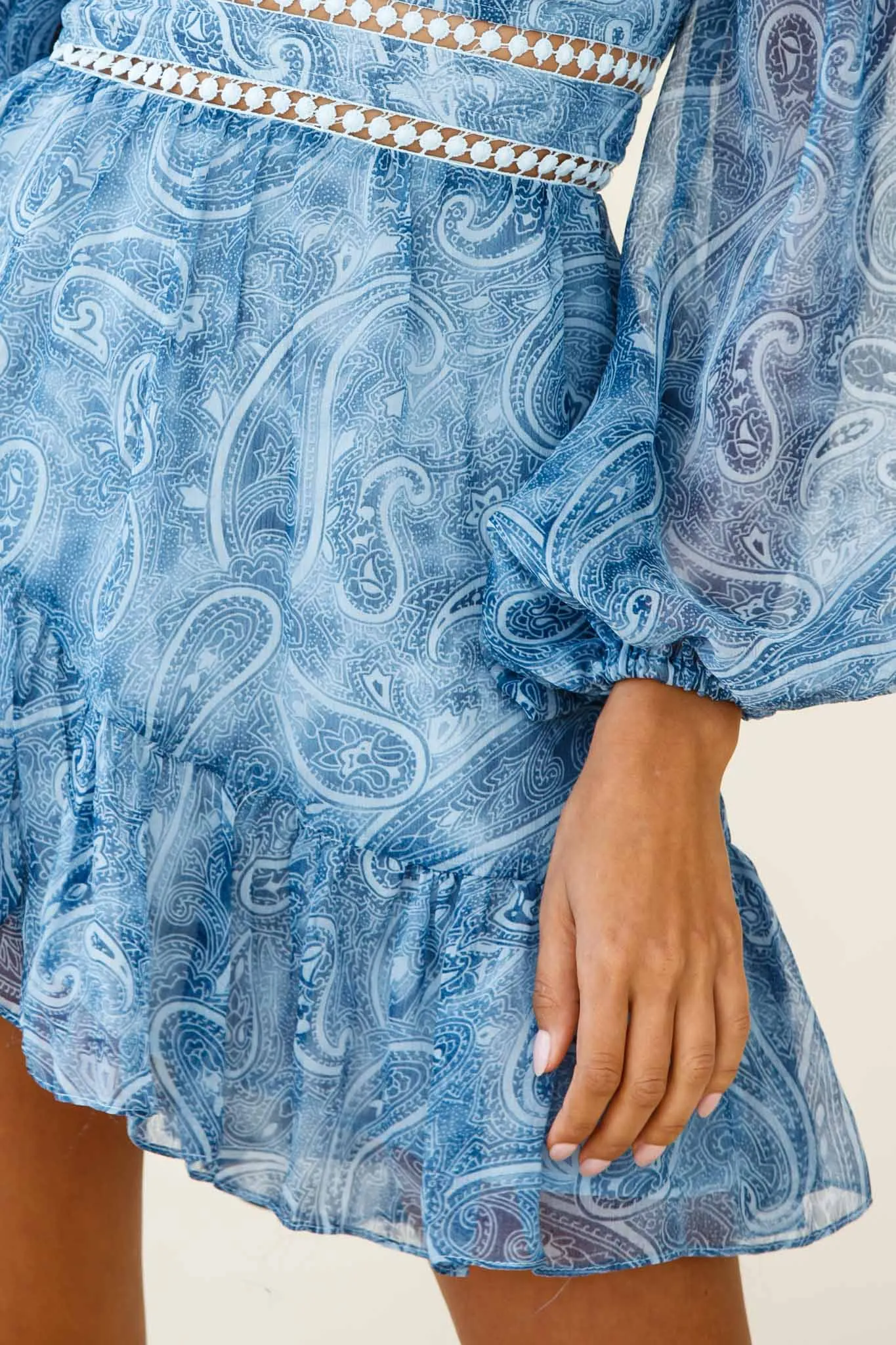 Moriah Long Sleeve Crochet Insert Dress Paisley Print Blue