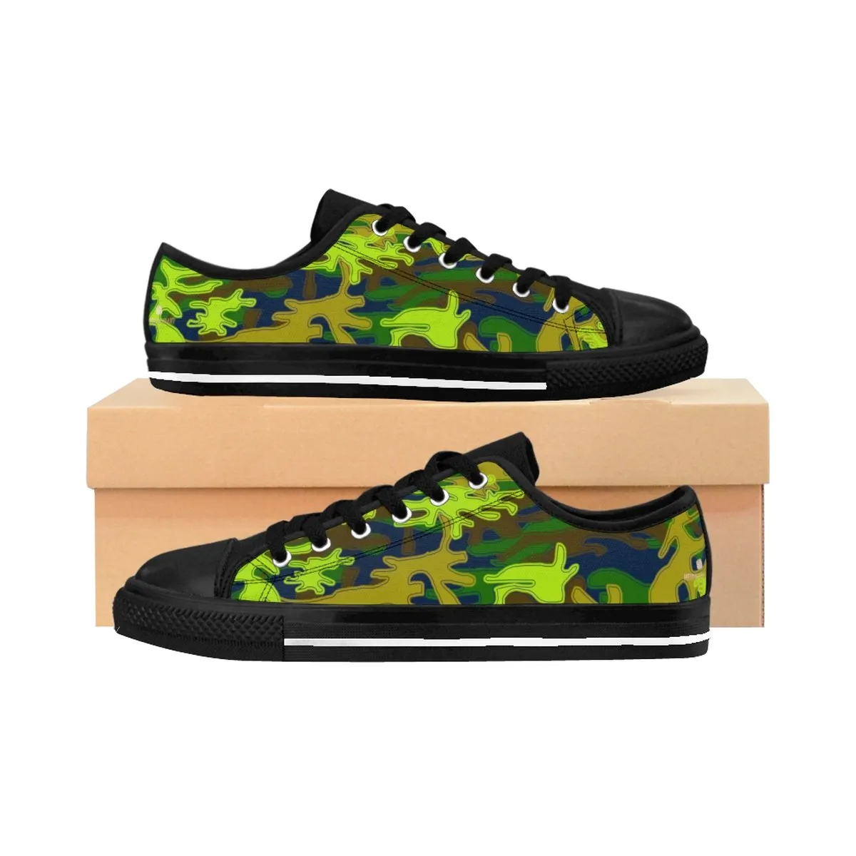 Navy Blue Camo Men's Low Tops, Green Camouflage Military Print Premium Men's Low Top Canvas Sneakers