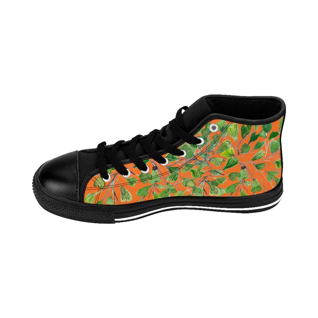 Orange Fern Men's High-top Sneakers, Green Maidenhair Leaf Designer Tennis Running Shoes