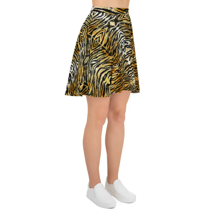 Orange Tiger Striped Skater Skirt, Women's Animal Print A-Line Tennis Skirt-Made in USA/EU