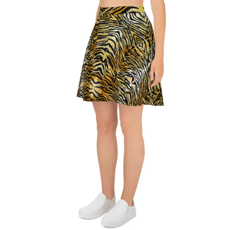 Orange Tiger Striped Skater Skirt, Women's Animal Print A-Line Tennis Skirt-Made in USA/EU