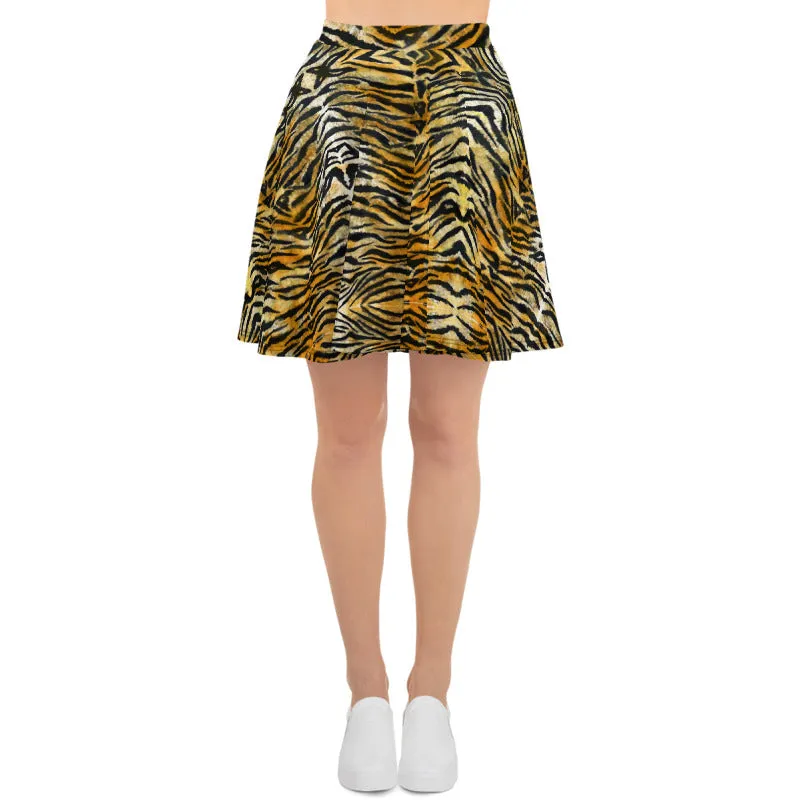 Orange Tiger Striped Skater Skirt, Women's Animal Print A-Line Tennis Skirt-Made in USA/EU