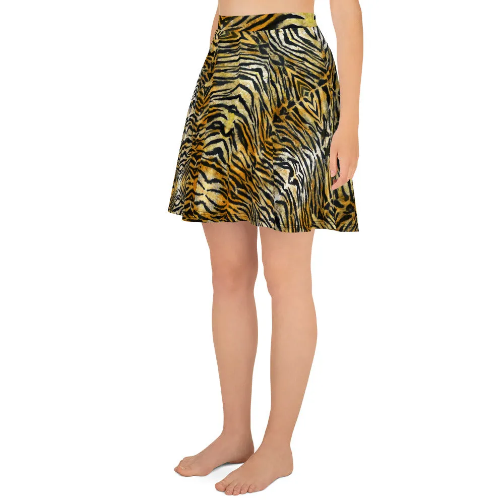 Orange Tiger Striped Skater Skirt, Women's Animal Print A-Line Tennis Skirt-Made in USA/EU