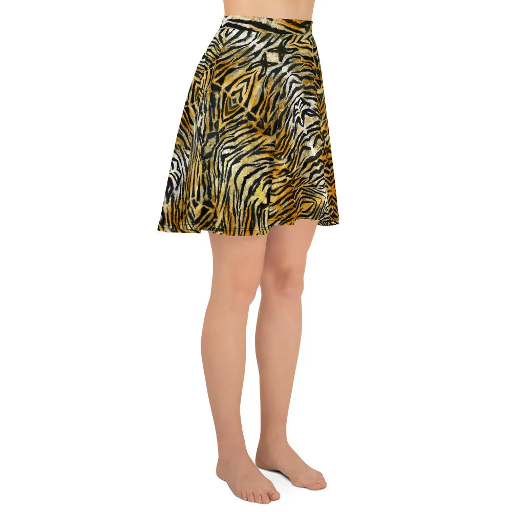 Orange Tiger Striped Skater Skirt, Women's Animal Print A-Line Tennis Skirt-Made in USA/EU