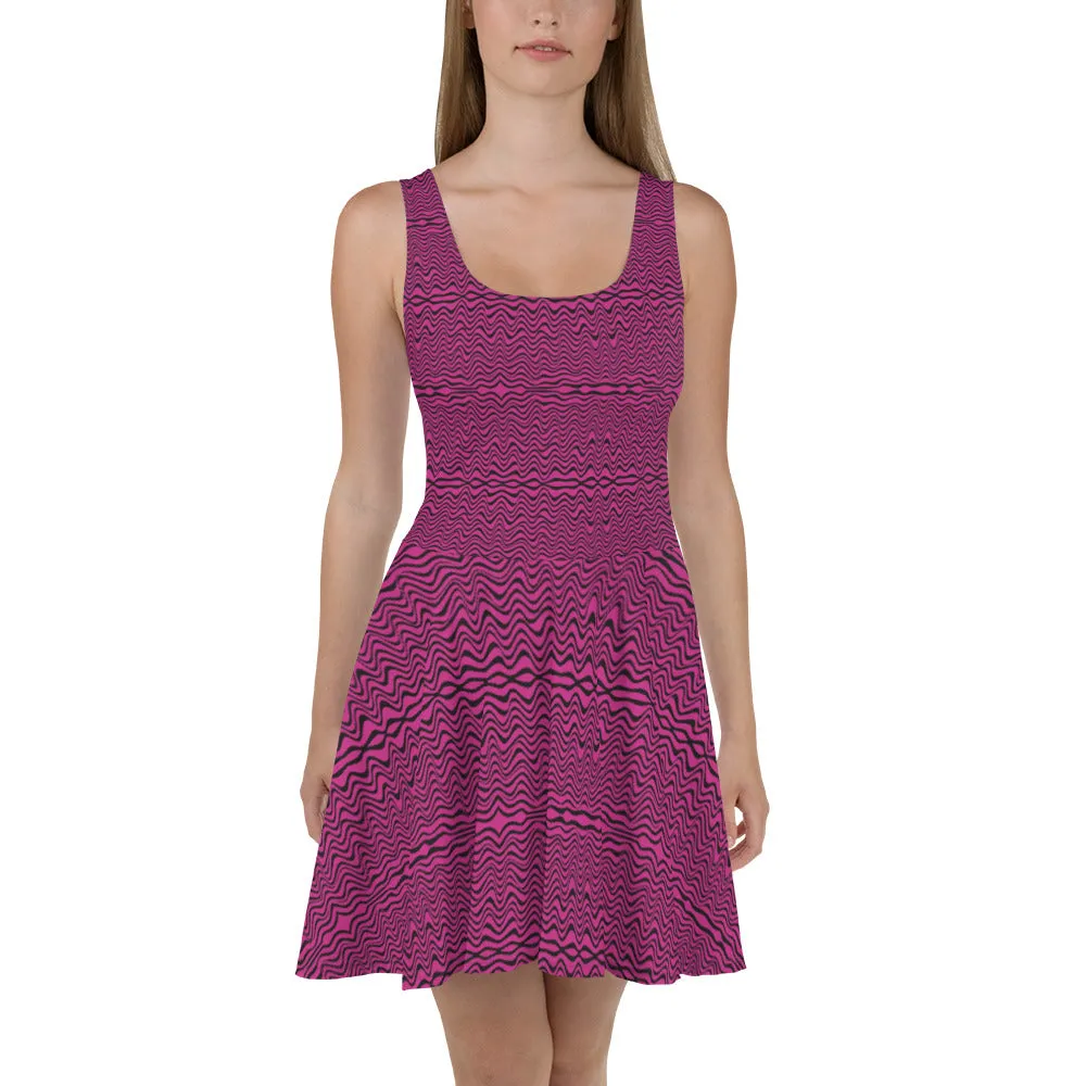 Pink Black Wavy Skater Dress, Abstract Colorful Waves Sleeveless Women's Dress-Made in USA/EU/MX