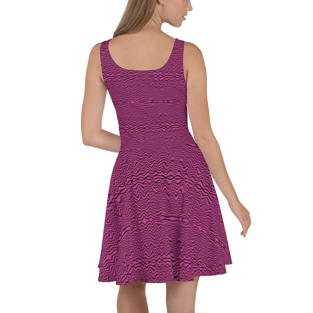 Pink Black Wavy Skater Dress, Abstract Colorful Waves Sleeveless Women's Dress-Made in USA/EU/MX