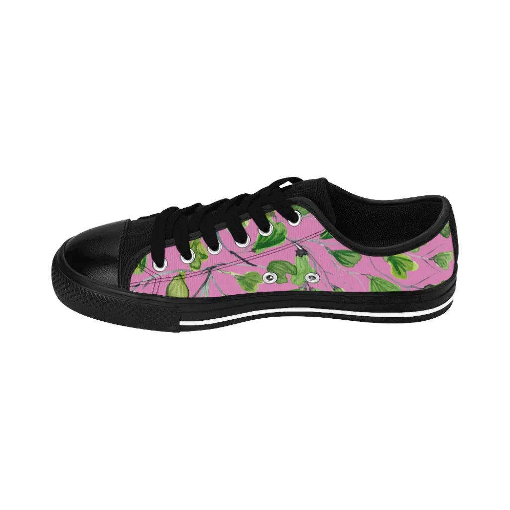 Pink Green Maidenhair Men's Sneakers, Best Tropical Leaf Print Men's Low Top Tennis Shoes