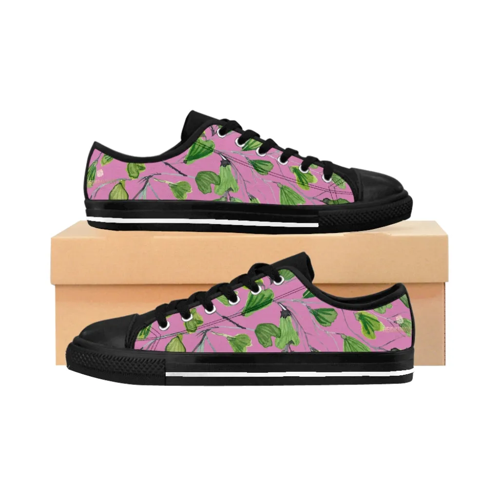 Pink Green Maidenhair Men's Sneakers, Best Tropical Leaf Print Men's Low Top Tennis Shoes