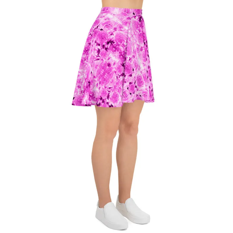 Pink Rose Floral Skater Skirt, Flower Print Women's Tennis A-Line Skirt-Made in USA/EU