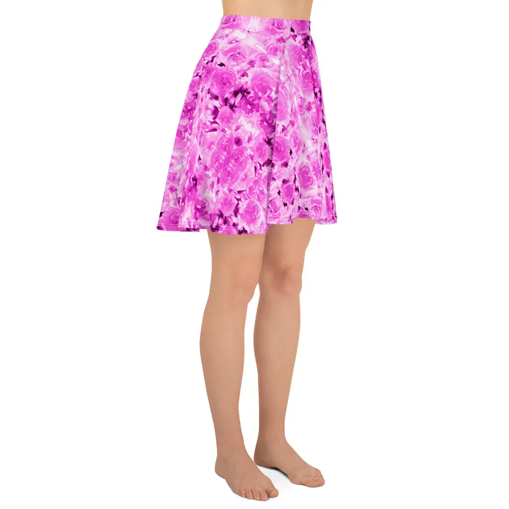 Pink Rose Floral Skater Skirt, Flower Print Women's Tennis A-Line Skirt-Made in USA/EU