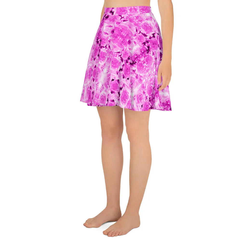 Pink Rose Floral Skater Skirt, Flower Print Women's Tennis A-Line Skirt-Made in USA/EU