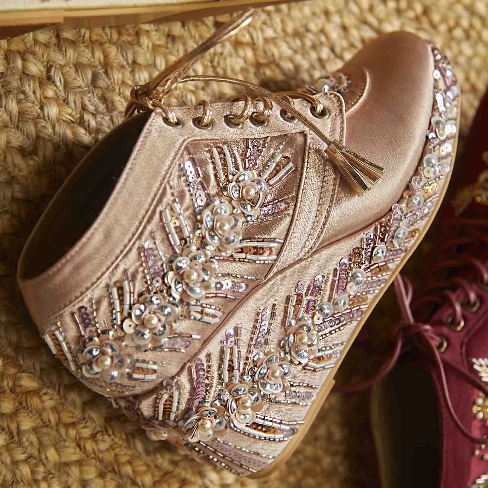 Pink Satin Embroidered Bridal Sneaker Wedges - Customized Wedding Shoes | Tiesta