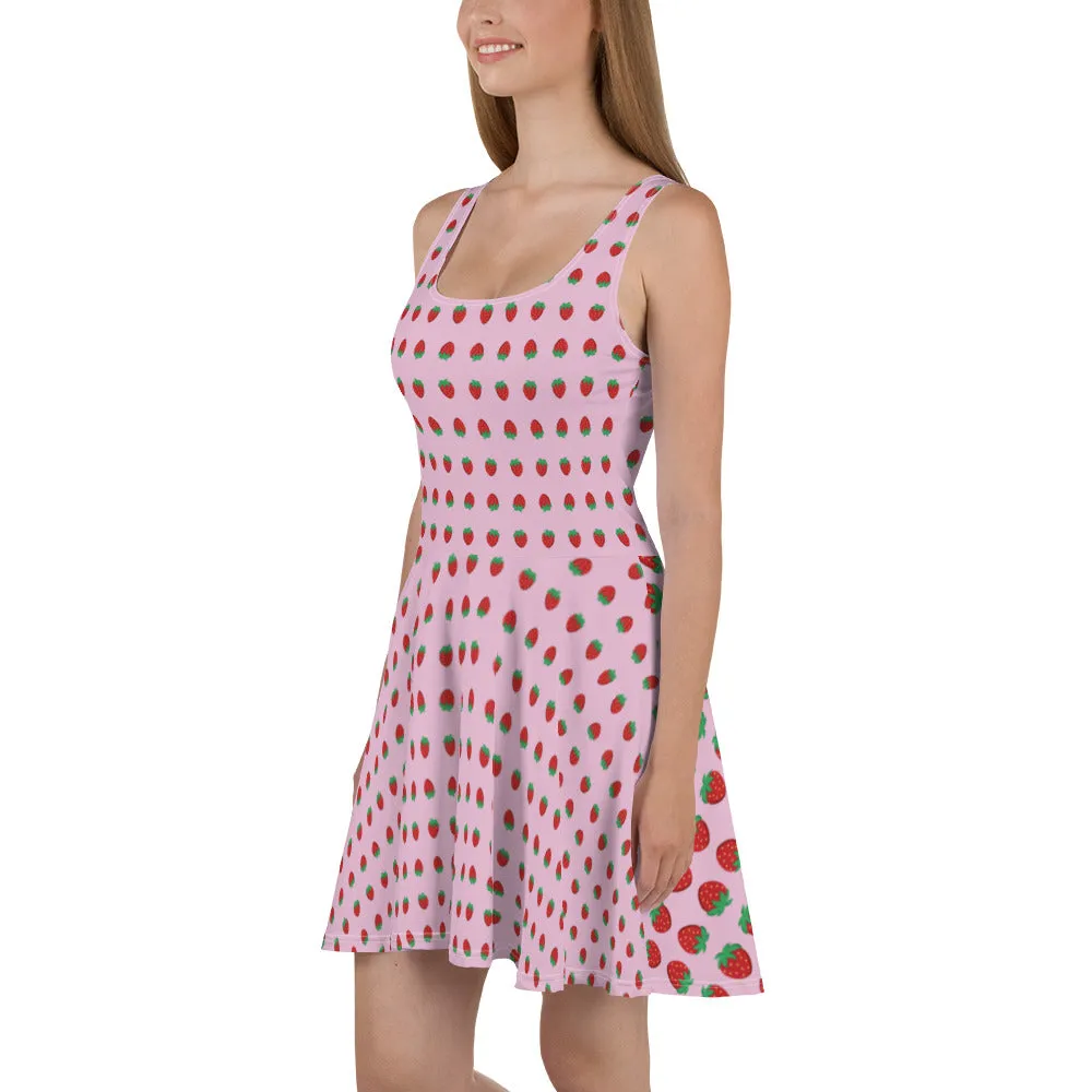 Pink Strawberry Print Skater Dress, Cute Strawberry Women's Sleeveless Dress-Made in USA/EU/MX