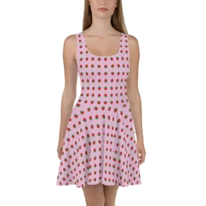 Pink Strawberry Print Skater Dress, Cute Strawberry Women's Sleeveless Dress-Made in USA/EU/MX