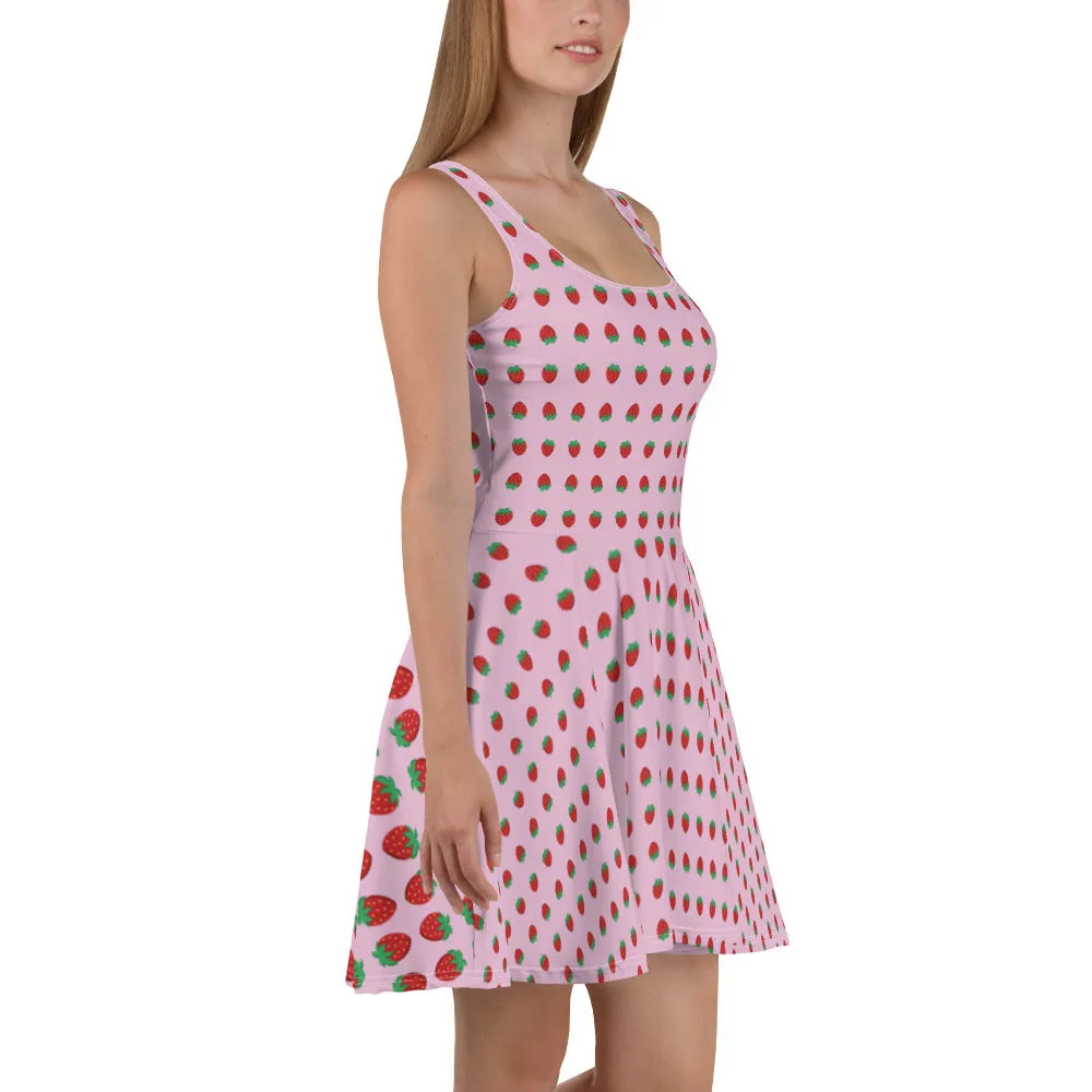 Pink Strawberry Print Skater Dress, Cute Strawberry Women's Sleeveless Dress-Made in USA/EU/MX