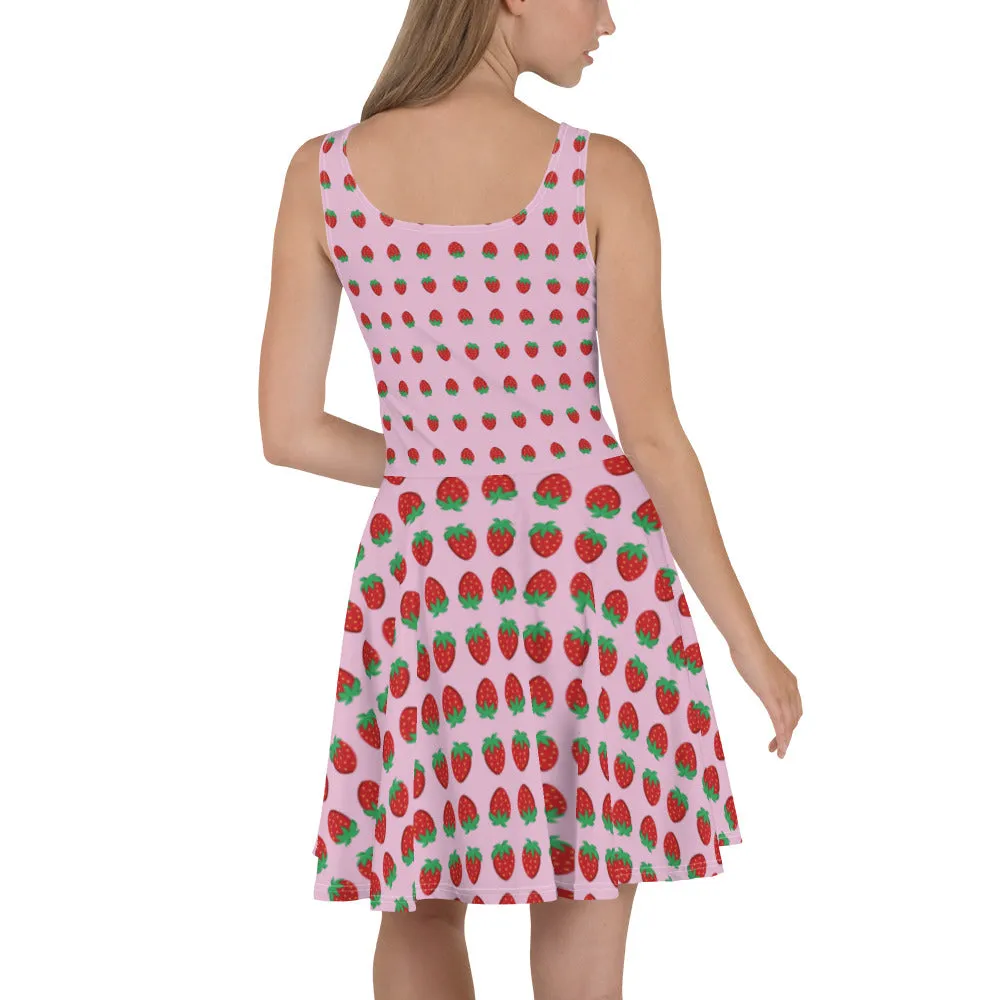 Pink Strawberry Print Skater Dress, Cute Strawberry Women's Sleeveless Dress-Made in USA/EU/MX