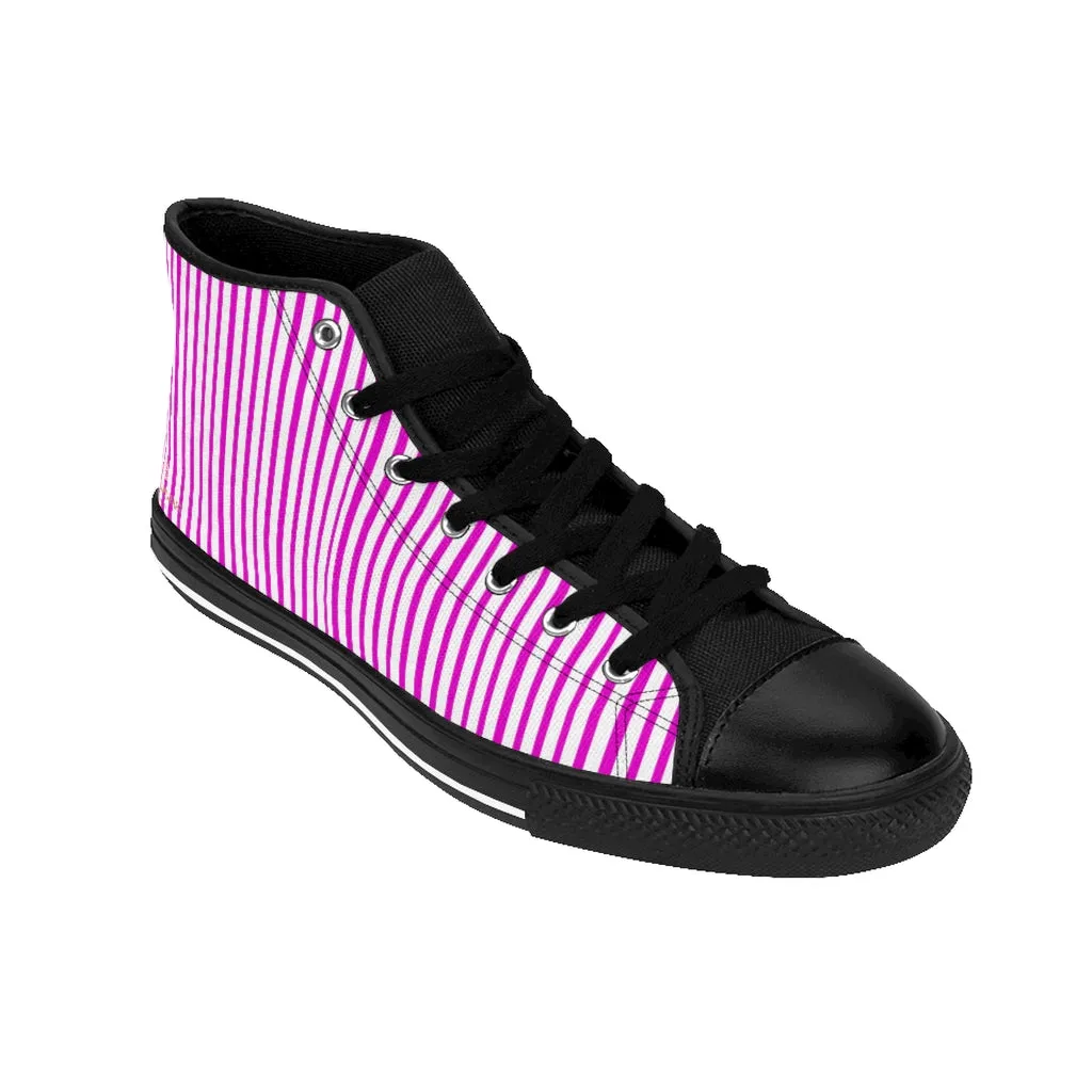 Pink Striped Men's High-top Sneakers, Vertically Stripes Men's Designer Tennis Running Shoes