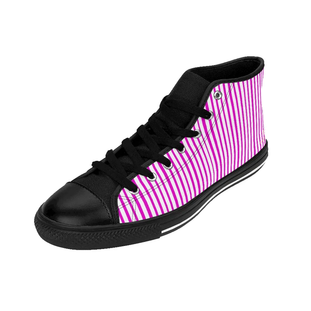 Pink Striped Men's High-top Sneakers, Vertically Stripes Men's Designer Tennis Running Shoes