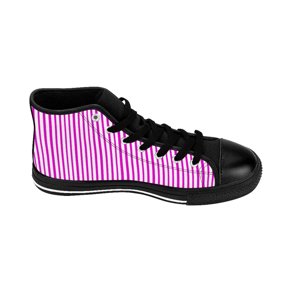 Pink Striped Men's High-top Sneakers, Vertically Stripes Men's Designer Tennis Running Shoes