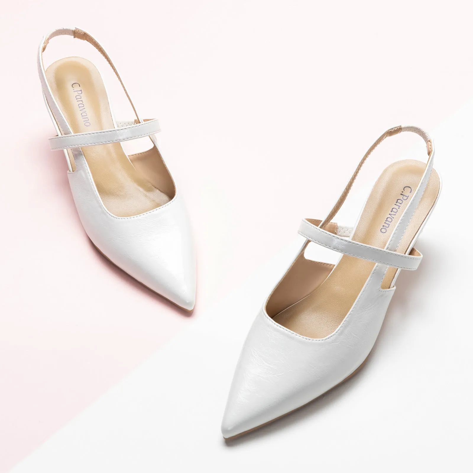 Pointed Toe Kitten heel Slingbacks (Helen) White