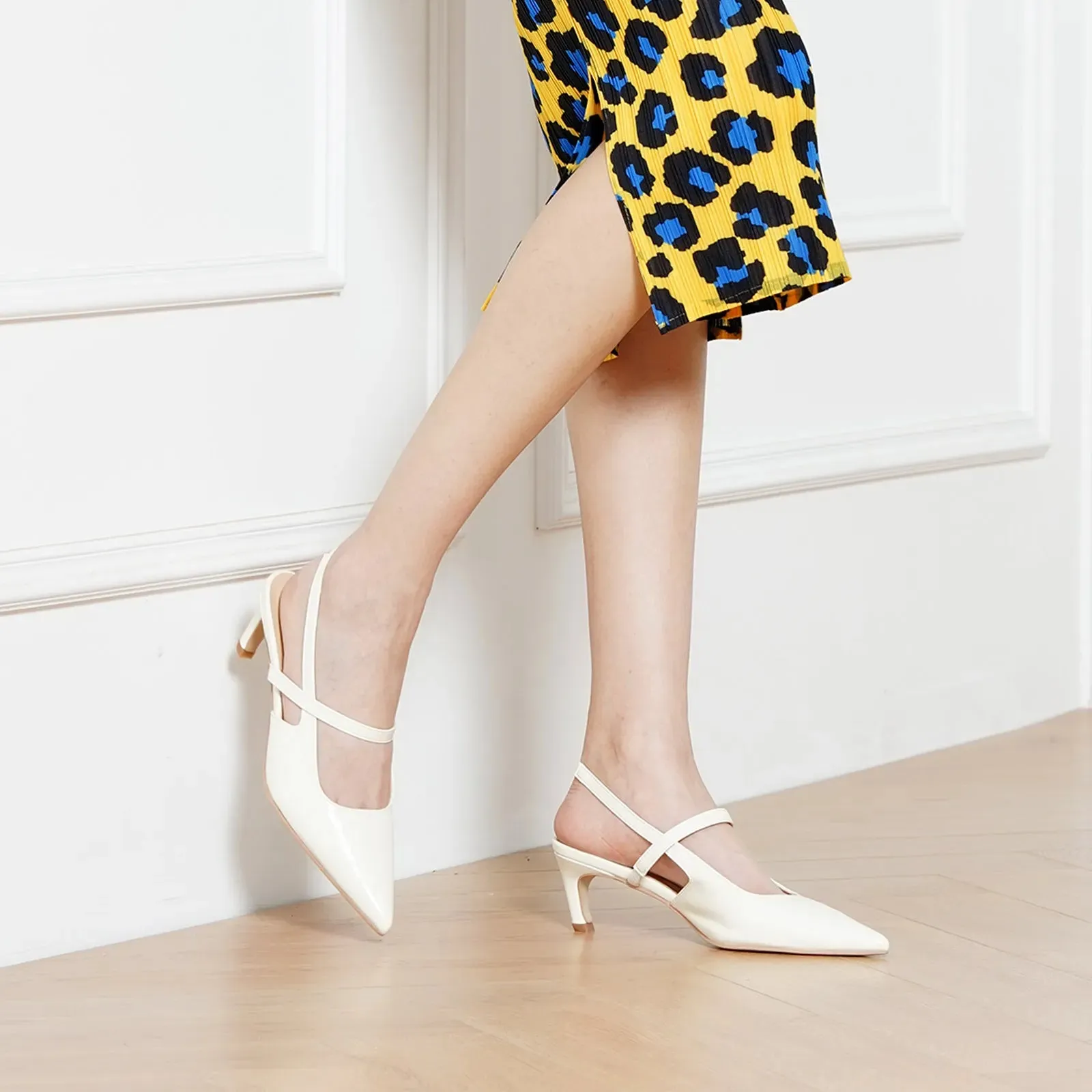 Pointed Toe Kitten heel Slingbacks (Helen) White