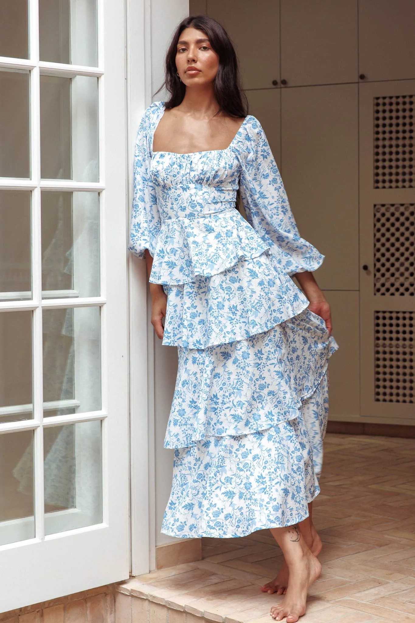 Provence Bloom Long Sleeve Maxi Dress Floral Blue