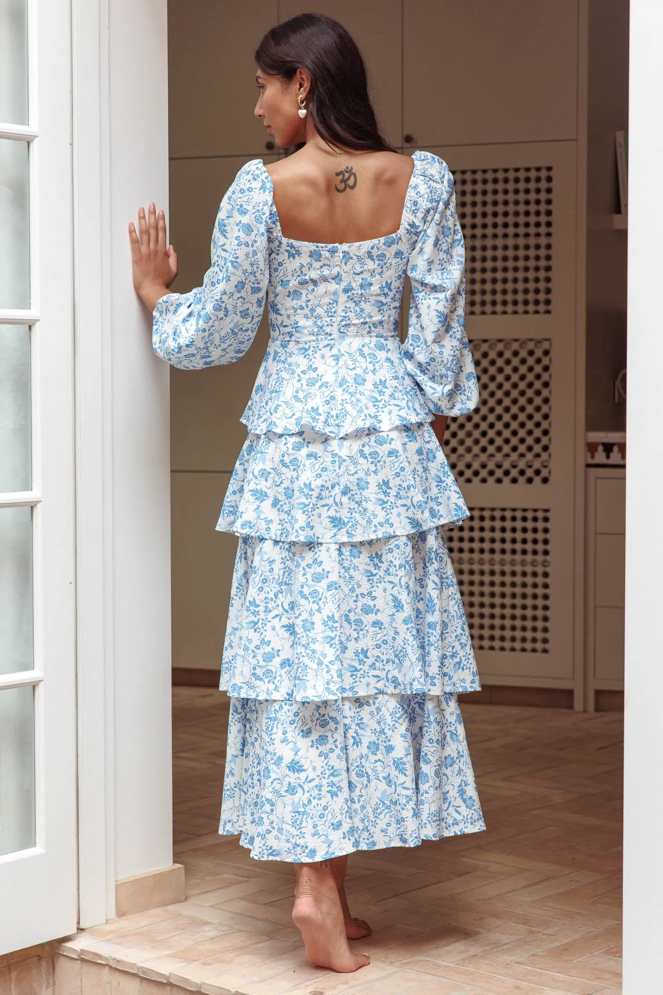 Provence Bloom Long Sleeve Maxi Dress Floral Blue