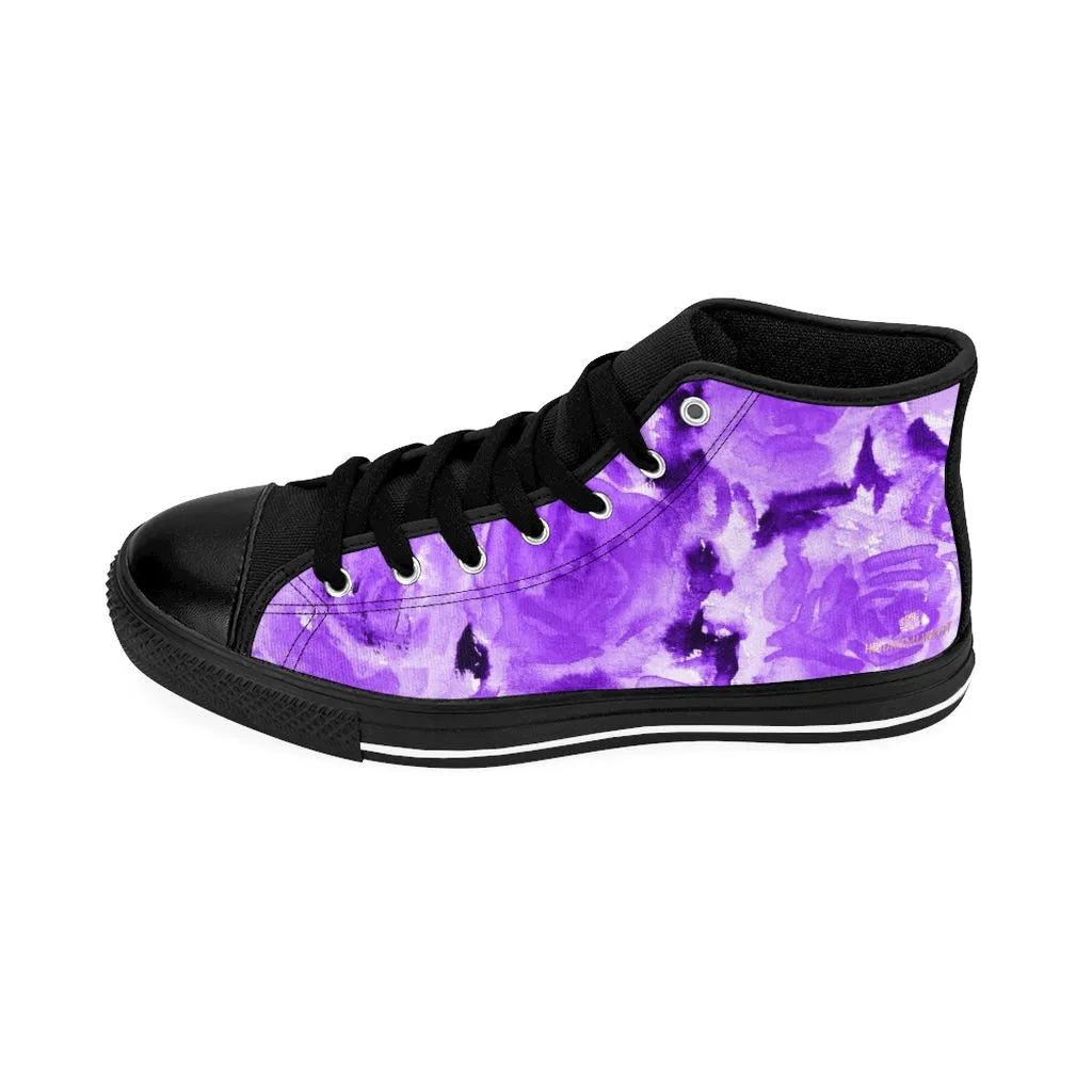 Purple Floral Men's High-top Sneakers, Abstract Print Men's Designer Tennis Running Shoes