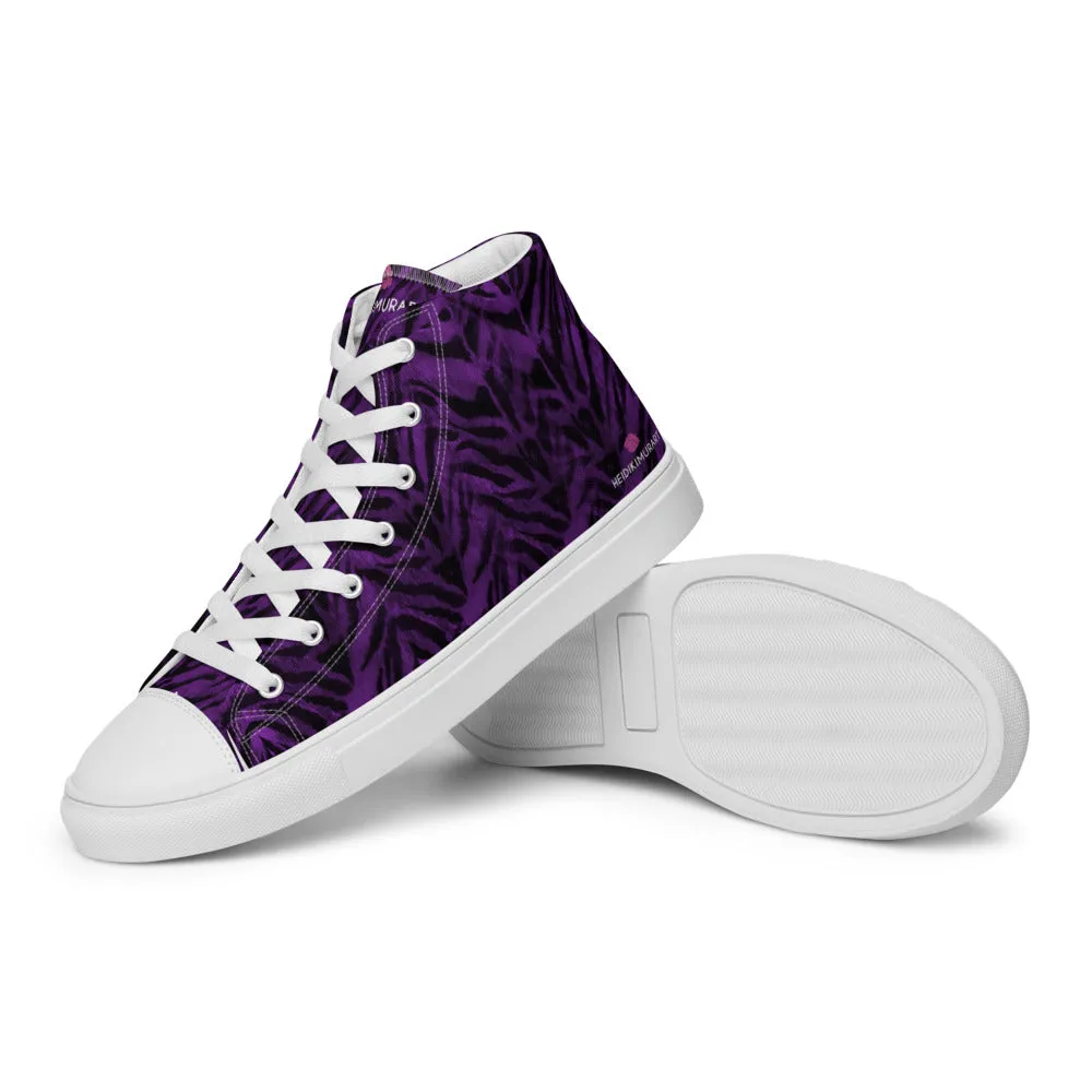 Purple Tiger Striped Men's Sneakers, Tiger Faux Skin Striped Animal Print Designer High Tops For Men