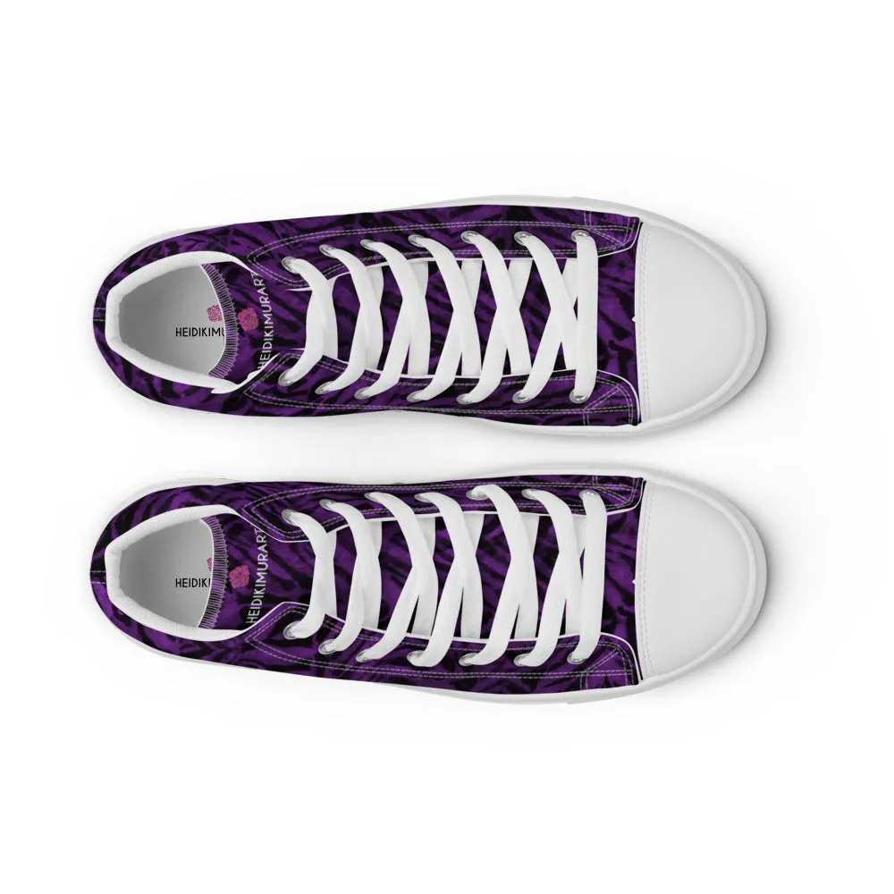 Purple Tiger Striped Men's Sneakers, Tiger Faux Skin Striped Animal Print Designer High Tops For Men