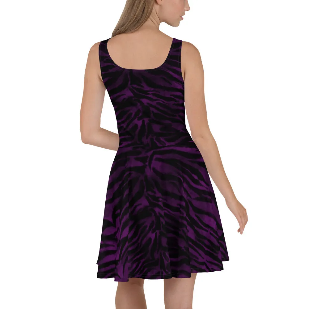 Purple Tiger Striped Skater Dress, Tiger Stripes Animal Print Women's Sleeveless Dress-Made in USA/EU