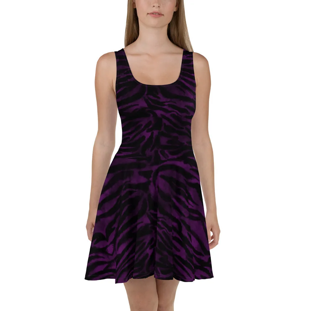 Purple Tiger Striped Skater Dress, Tiger Stripes Animal Print Women's Sleeveless Dress-Made in USA/EU