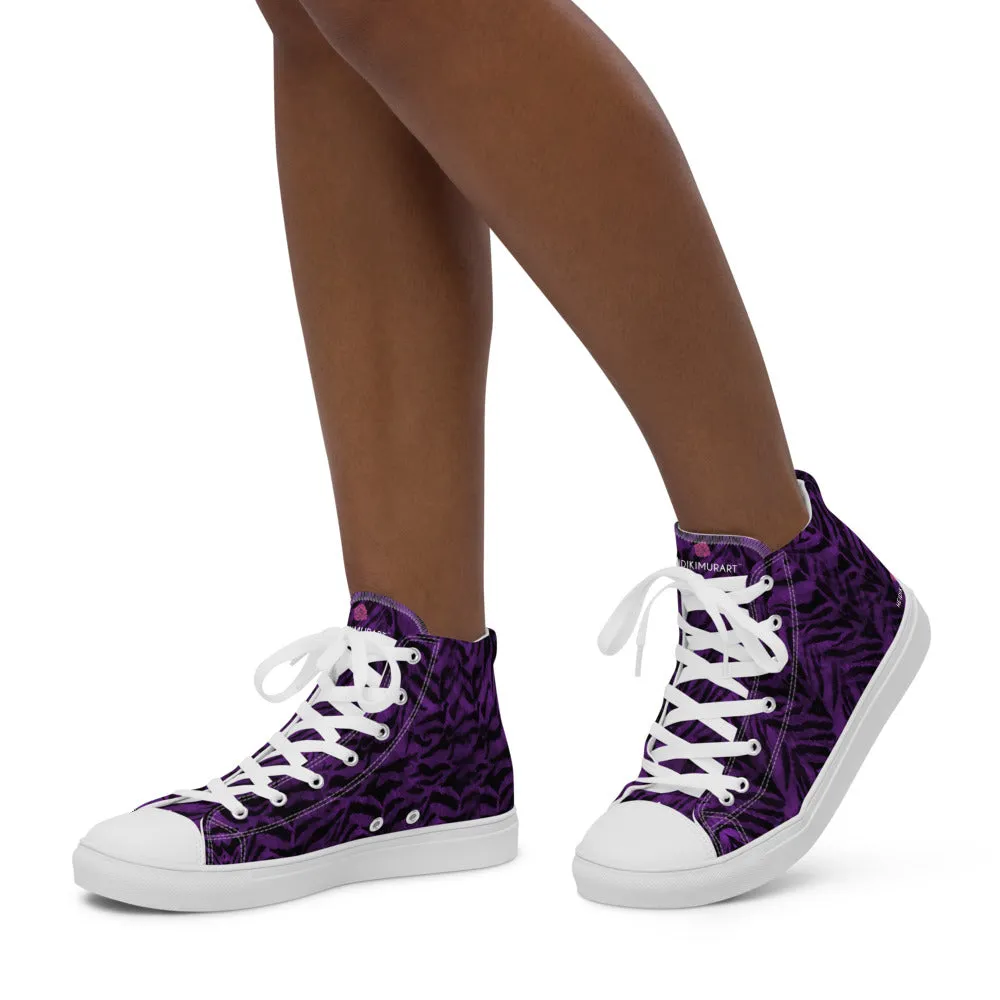 Purple Tiger Striped Women's Sneakers, Animal Print Designer Tiger Stripes High Top Tennis Shoes