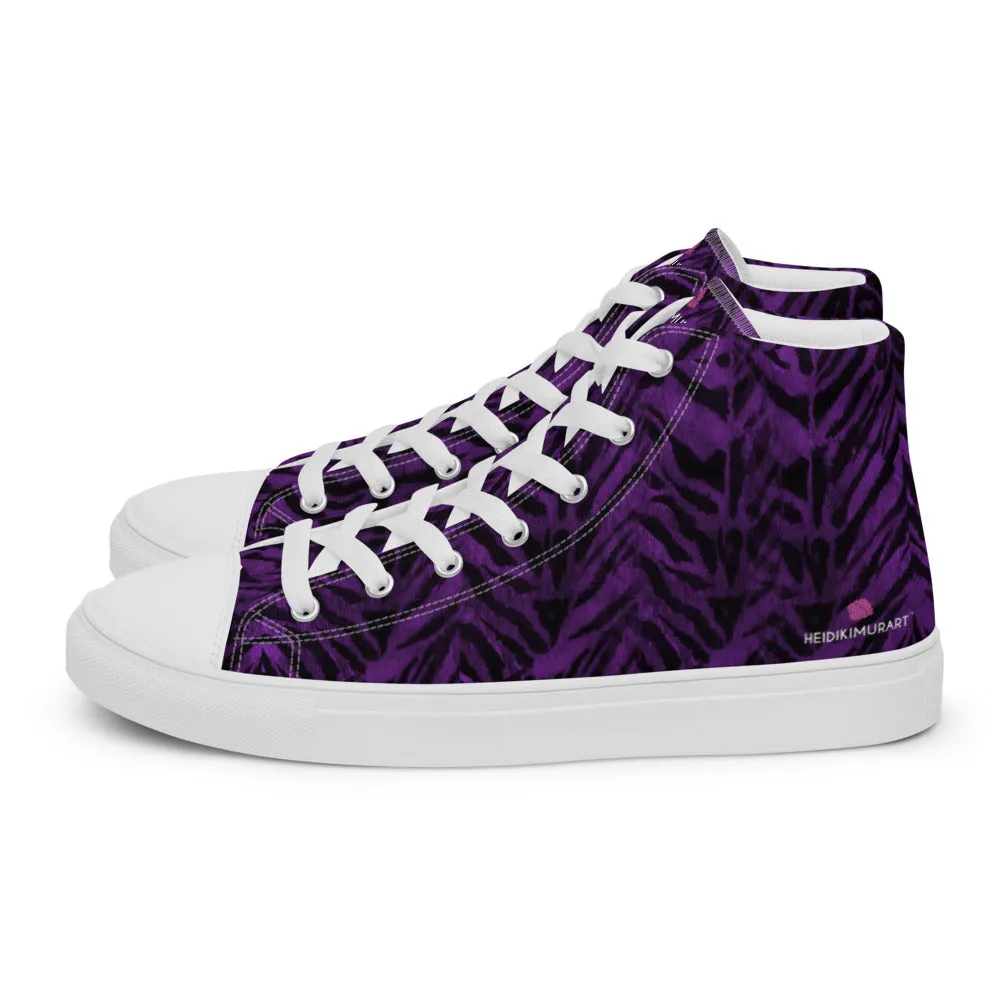 Purple Tiger Striped Women's Sneakers, Animal Print Designer Tiger Stripes High Top Tennis Shoes