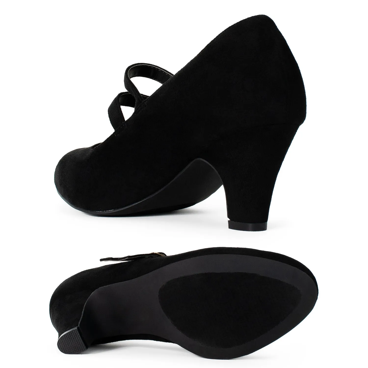 "Wide Width" Mary Jane Chunky Heel Dress Pumps BLACK SU