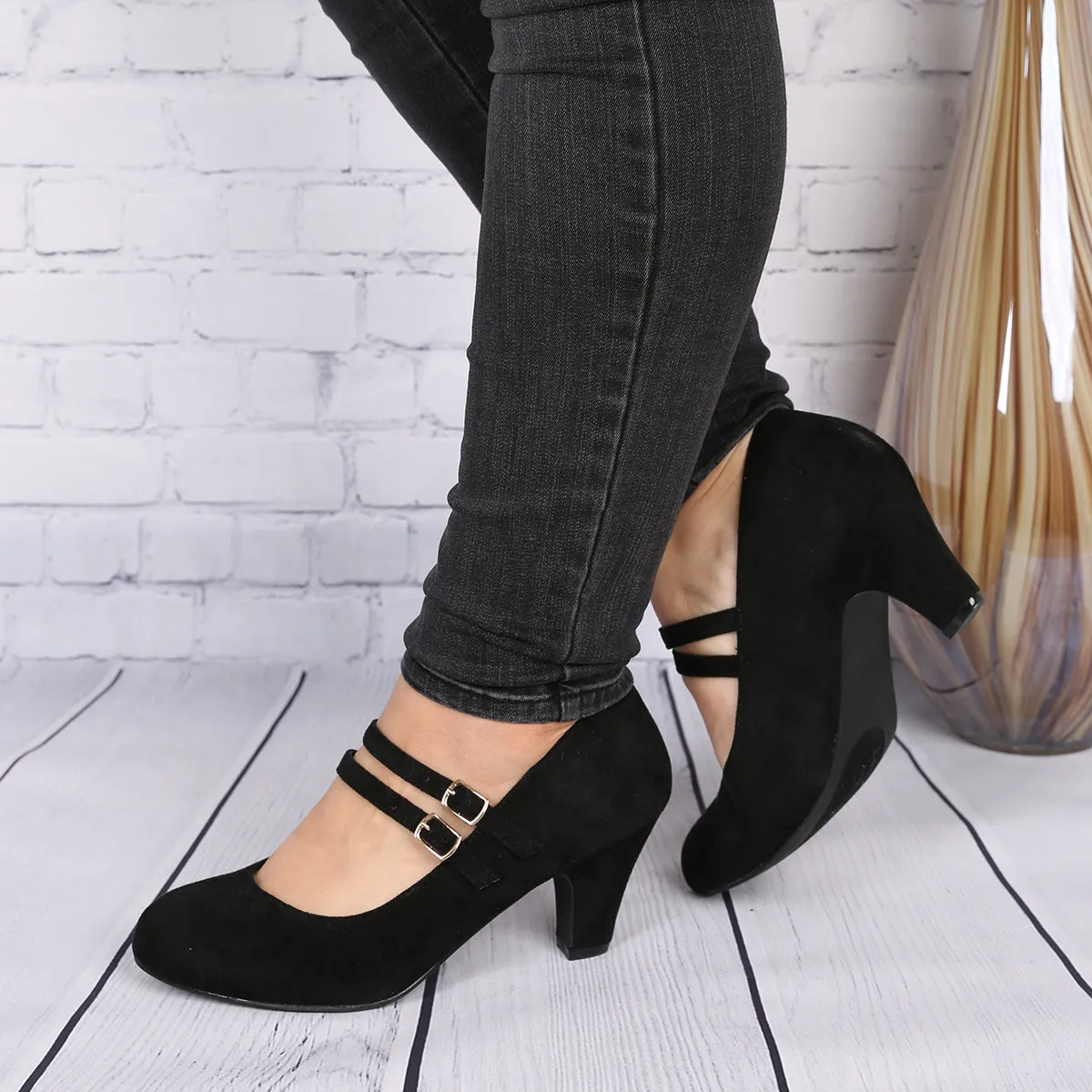 "Wide Width" Mary Jane Chunky Heel Dress Pumps BLACK SU