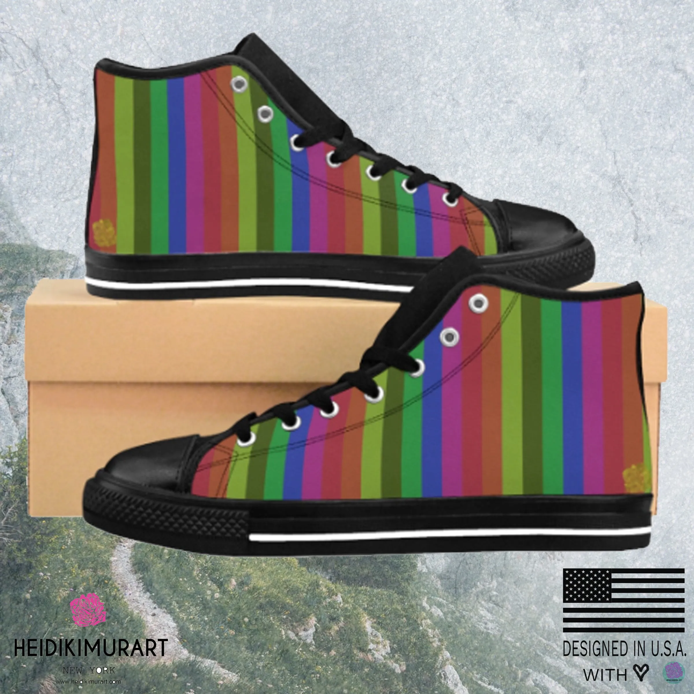 Rainbow Stripe Men's Sneakers, Gay Pride Nylon Canvas High-top Fashion Sneakers Shoes