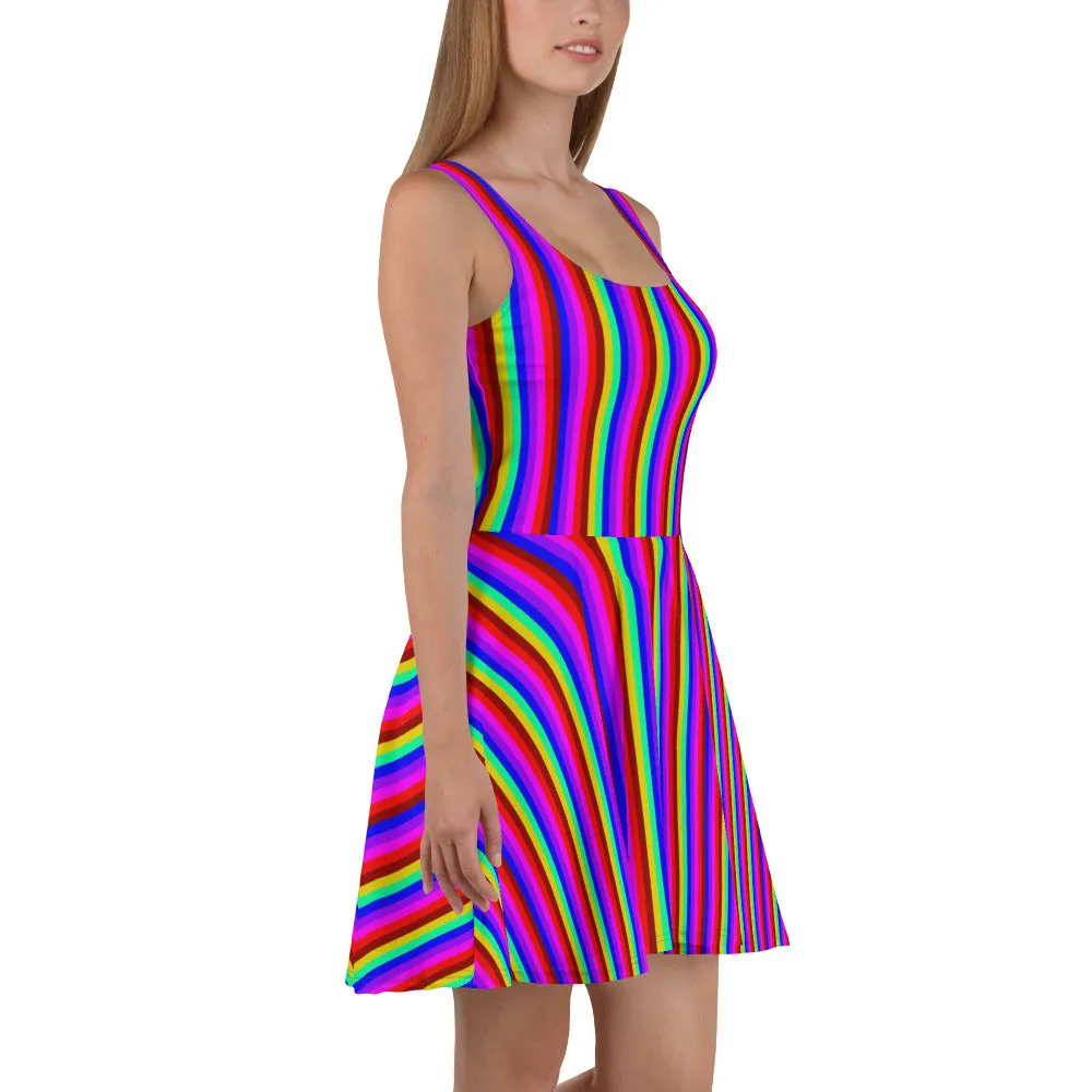 Rainbow Stripe Skater Dress, Gay Pride Parade Colorful Best Women's Dress-Made in EU