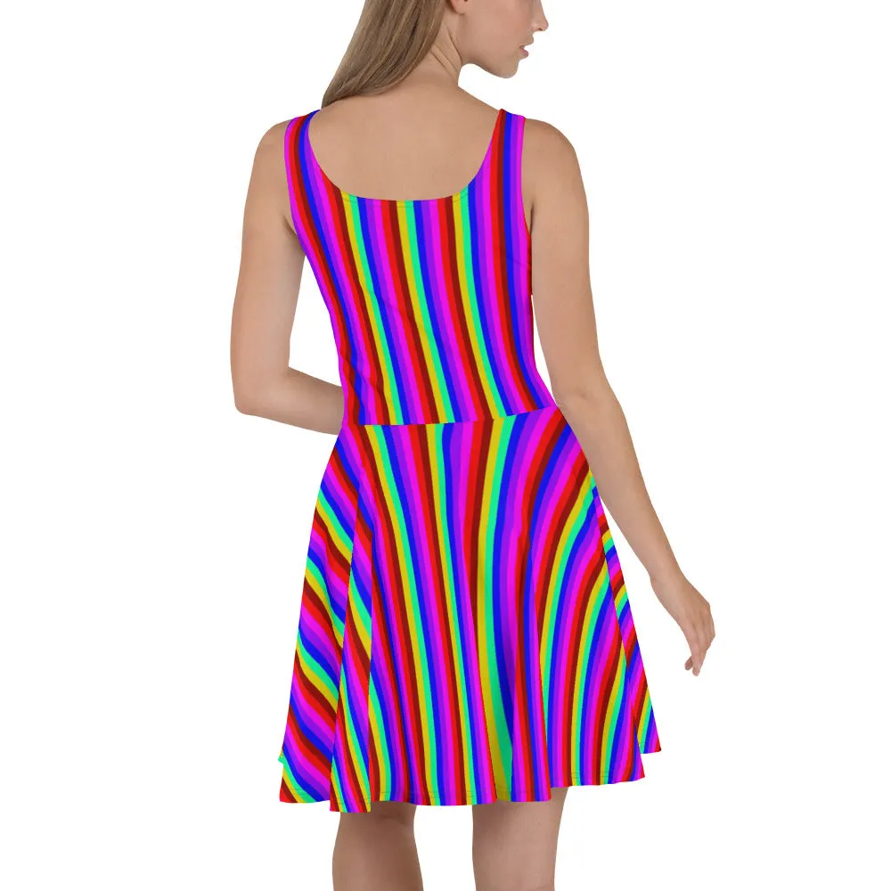 Rainbow Stripe Skater Dress, Gay Pride Parade Colorful Best Women's Dress-Made in EU