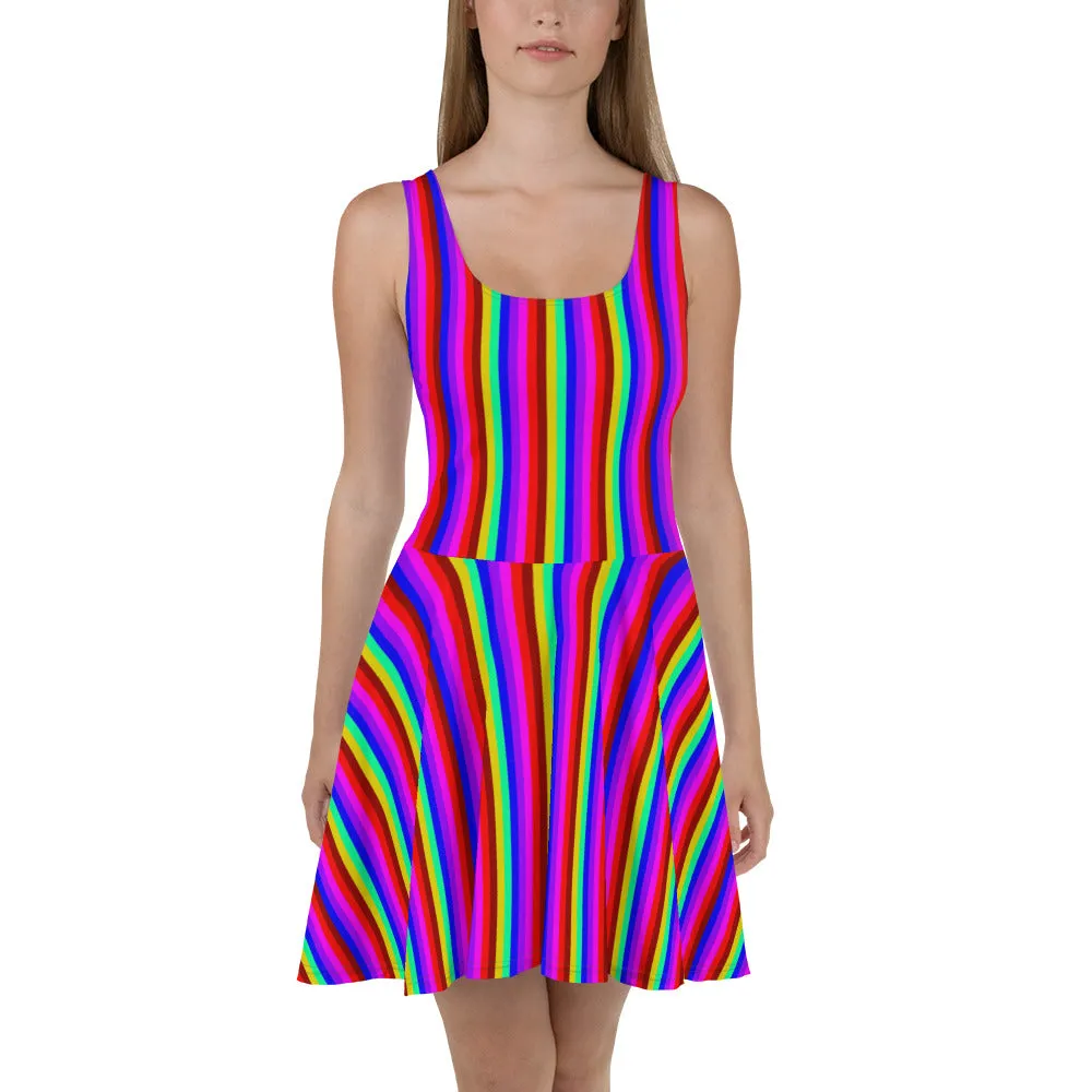 Rainbow Stripe Skater Dress, Gay Pride Parade Colorful Best Women's Dress-Made in EU