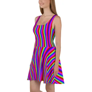 Rainbow Stripe Skater Dress, Gay Pride Parade Colorful Best Women's Dress-Made in EU