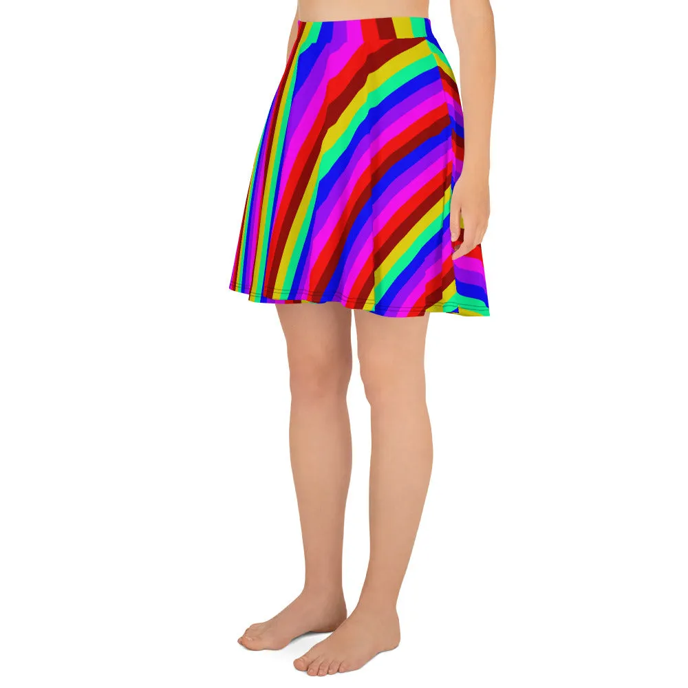 Rainbow Stripe Skater Skirt, Gay Pride Parade Best Colorful Women's A-Line Skirt-Made in EU