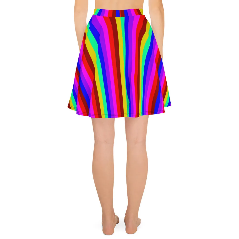 Rainbow Stripe Skater Skirt, Gay Pride Parade Best Colorful Women's A-Line Skirt-Made in EU