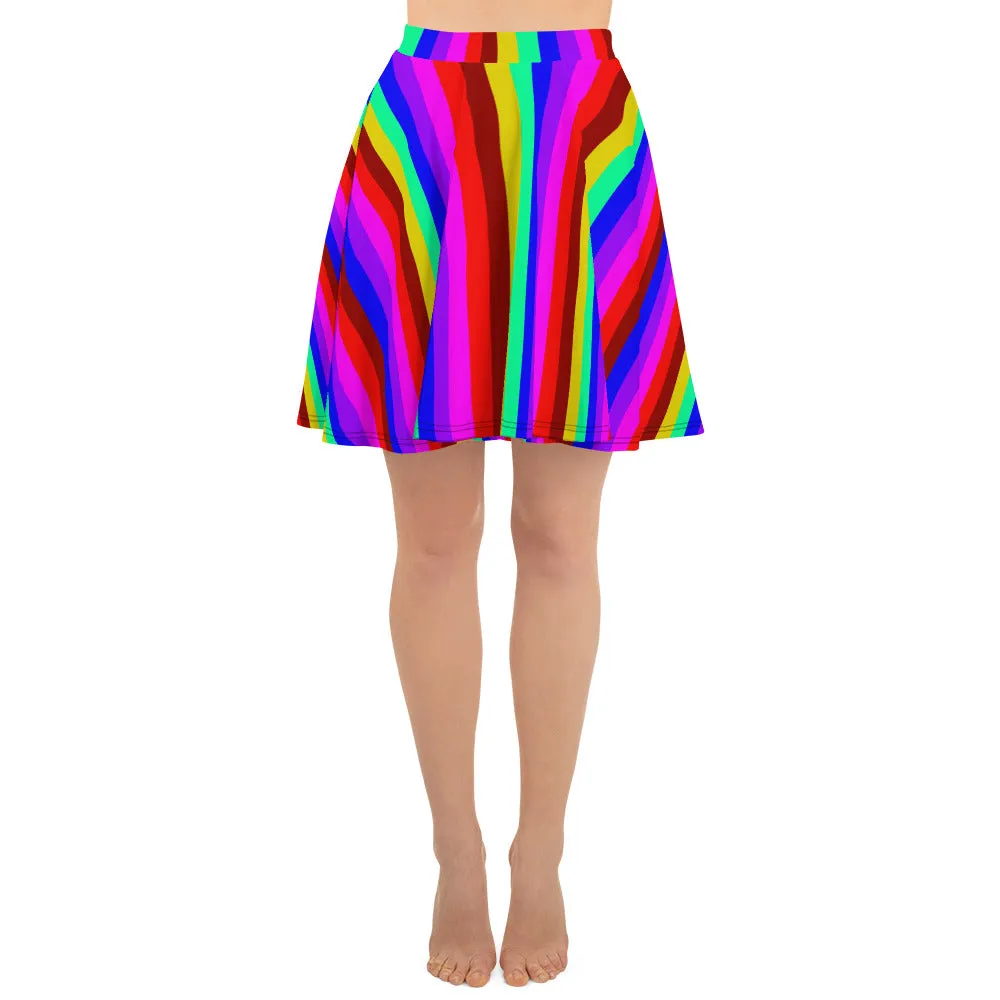 Rainbow Stripe Skater Skirt, Gay Pride Parade Best Colorful Women's A-Line Skirt-Made in EU