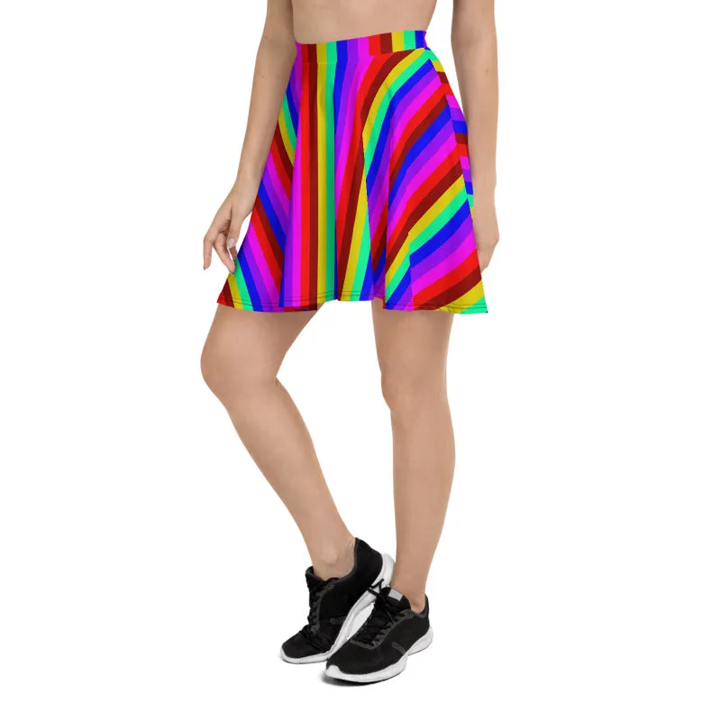 Rainbow Stripe Skater Skirt, Gay Pride Parade Best Colorful Women's A-Line Skirt-Made in EU