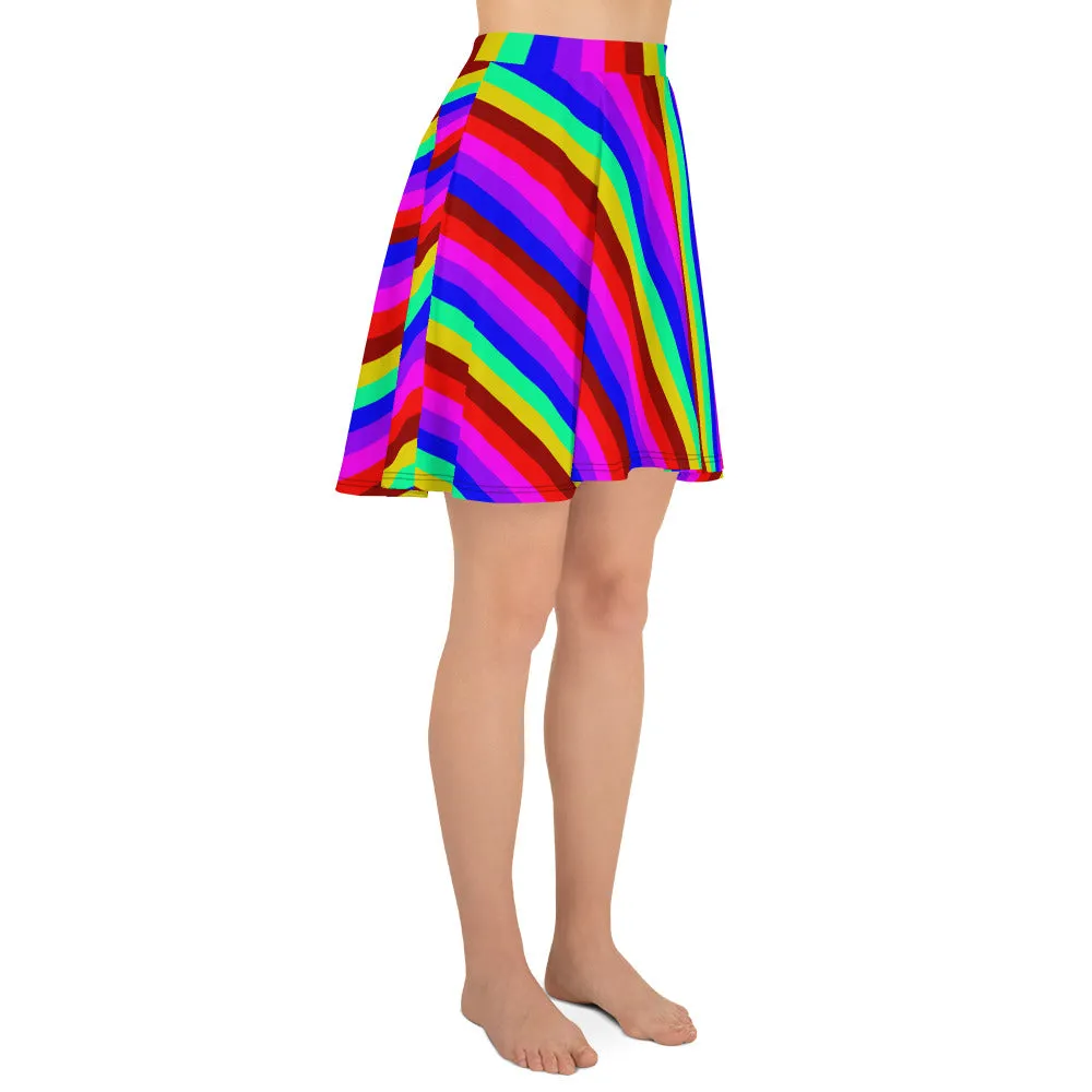 Rainbow Stripe Skater Skirt, Gay Pride Parade Best Colorful Women's A-Line Skirt-Made in EU