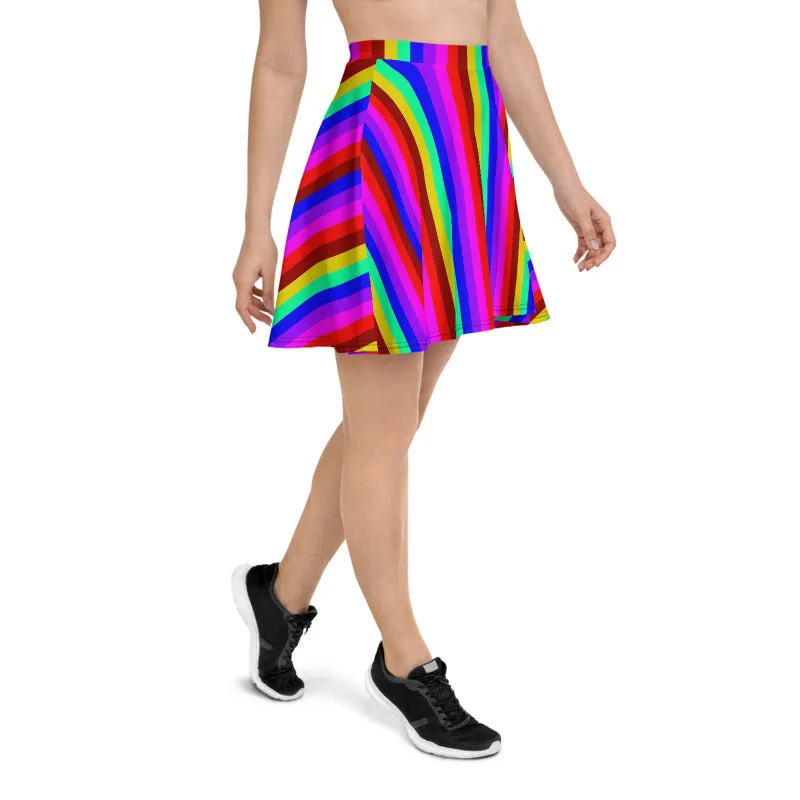 Rainbow Stripe Skater Skirt, Gay Pride Parade Best Colorful Women's A-Line Skirt-Made in EU