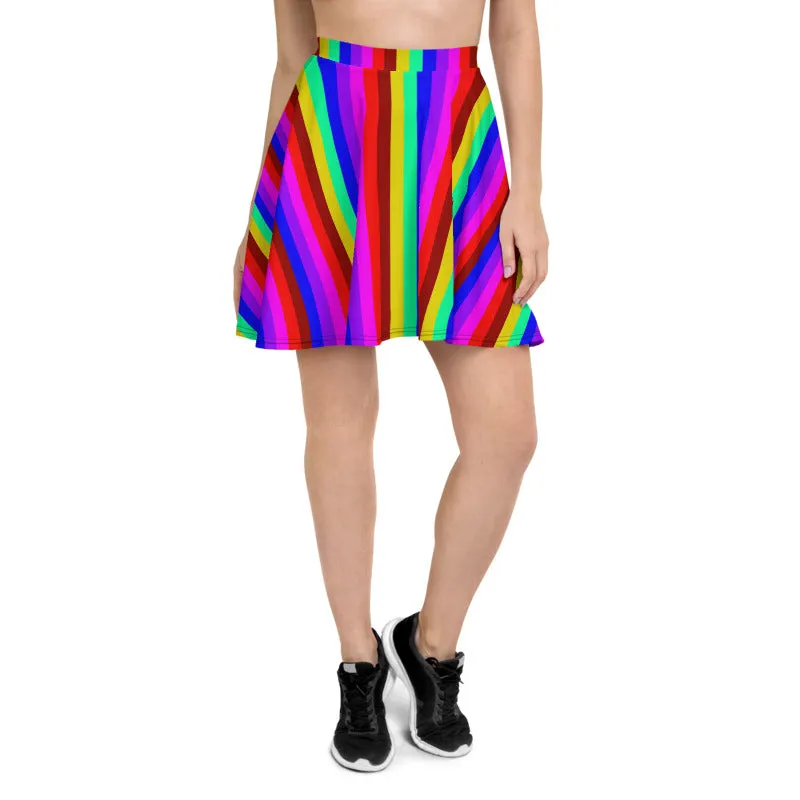 Rainbow Stripe Skater Skirt, Gay Pride Parade Best Colorful Women's A-Line Skirt-Made in EU