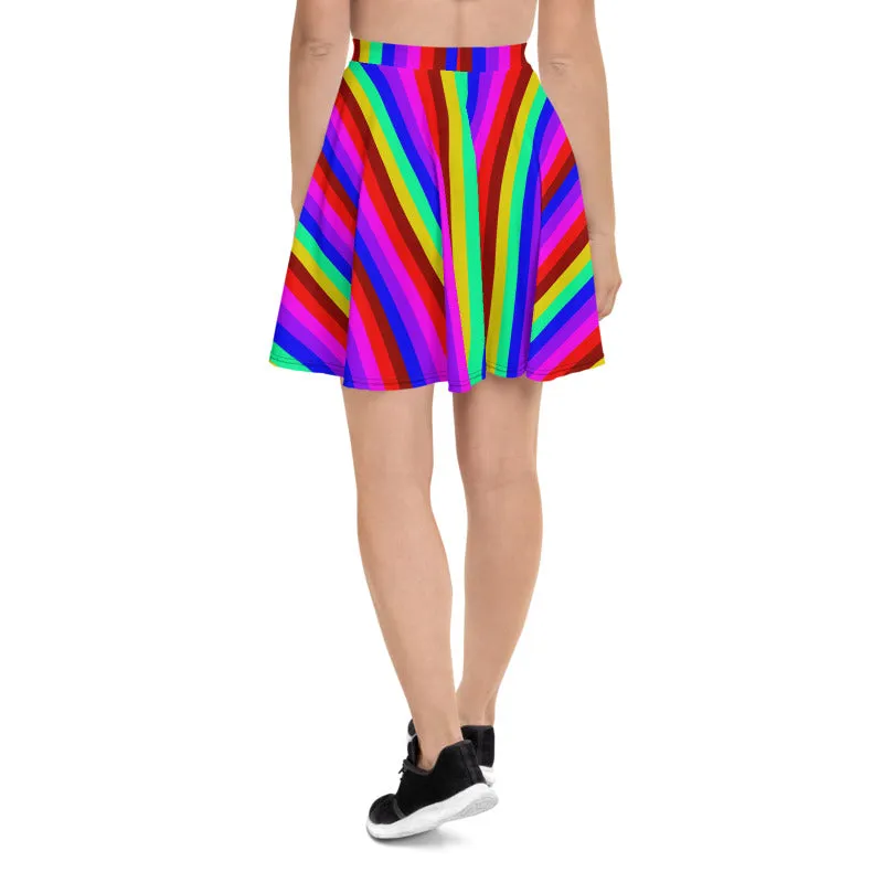 Rainbow Stripe Skater Skirt, Gay Pride Parade Best Colorful Women's A-Line Skirt-Made in EU